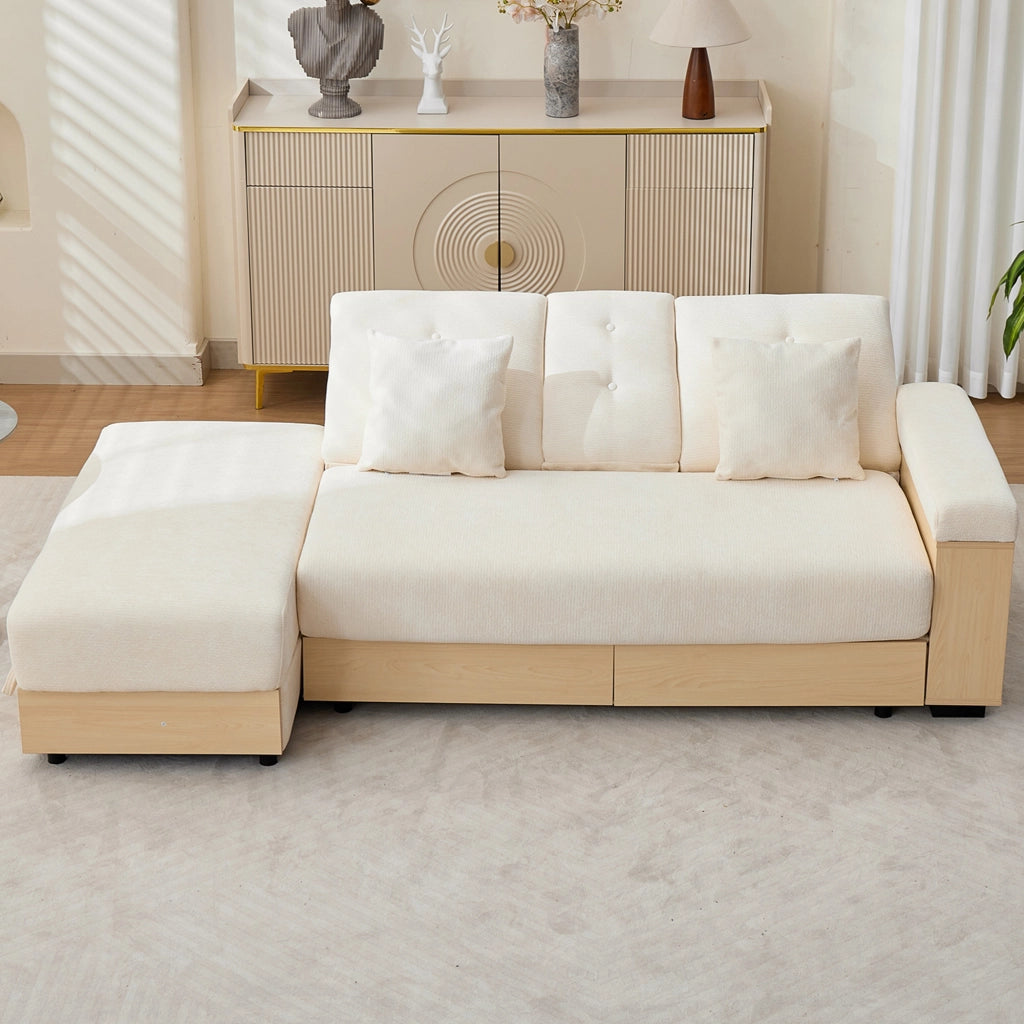 Divano letto con schienale reclinabile, spazio contenitore e portabicchieri, in chenille beige 217 × 110 × 90 cm