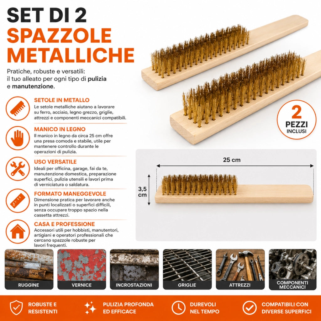 Set 2 Spazzole con Metalliche Manico Legno 25 cm 07055