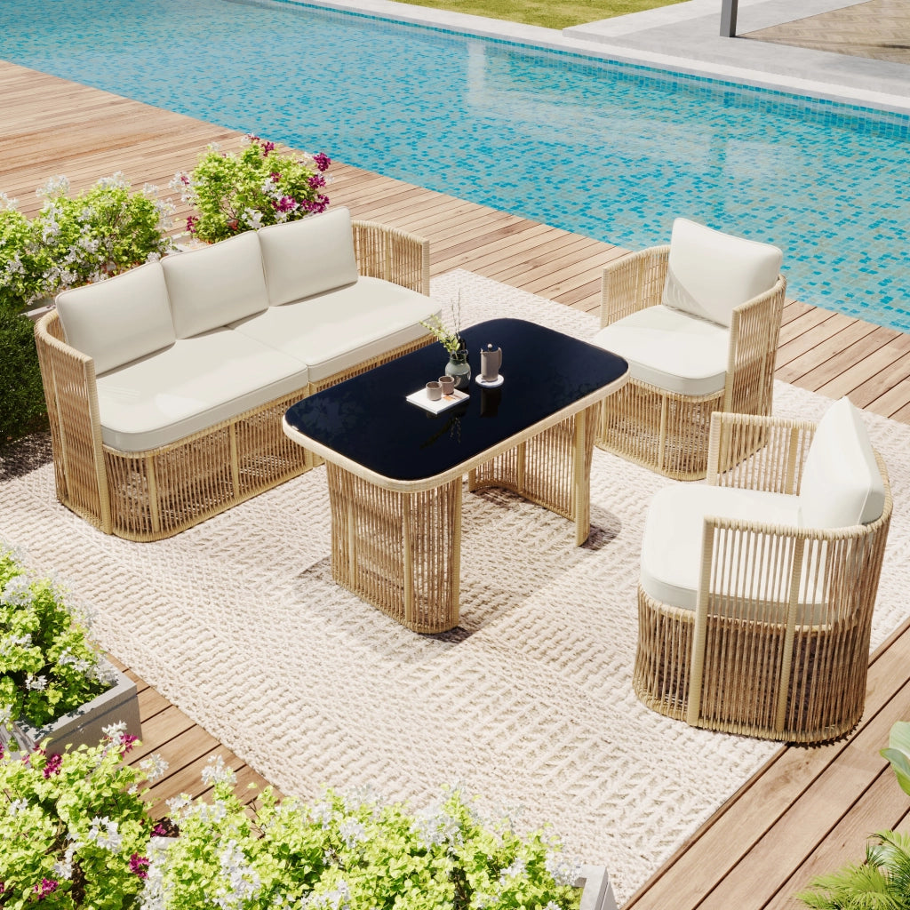 Set Salotto da Giardino 4 Pezzi in Polyrattan ¨C MINIMAL ¨C Divano 3 Posti, 2 Poltrone, Tavolo Vetro, Cuscini