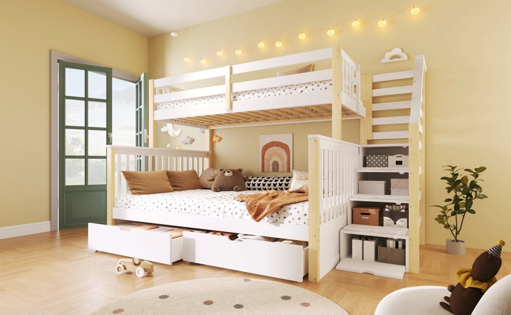 Letto a castello 90 × 200 cm et 140 × 200 cm con cassetti, barriera di sicurezza, senza materasso, pino, bianco naturale