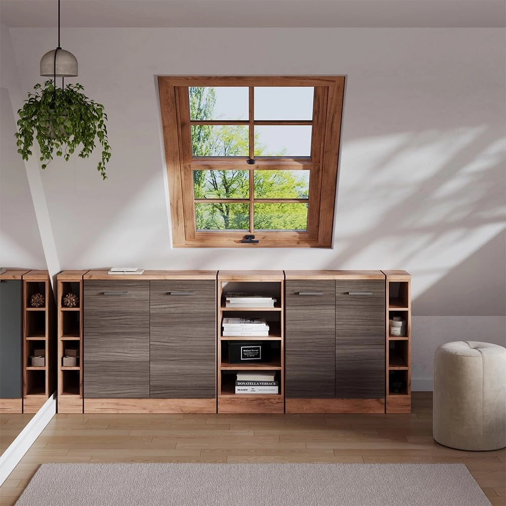 Set di mobili sottotetto Rion, Grigio nobile, 210 cm Set di 5 carcasse armadio profondità 60 cm, adatto per il salvaspazio sotto tetti spioventi
