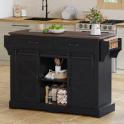 Isola cucina in MDF nero con piano ribaltabile, 2 ante scorrevoli, 2 cassetti e ruote