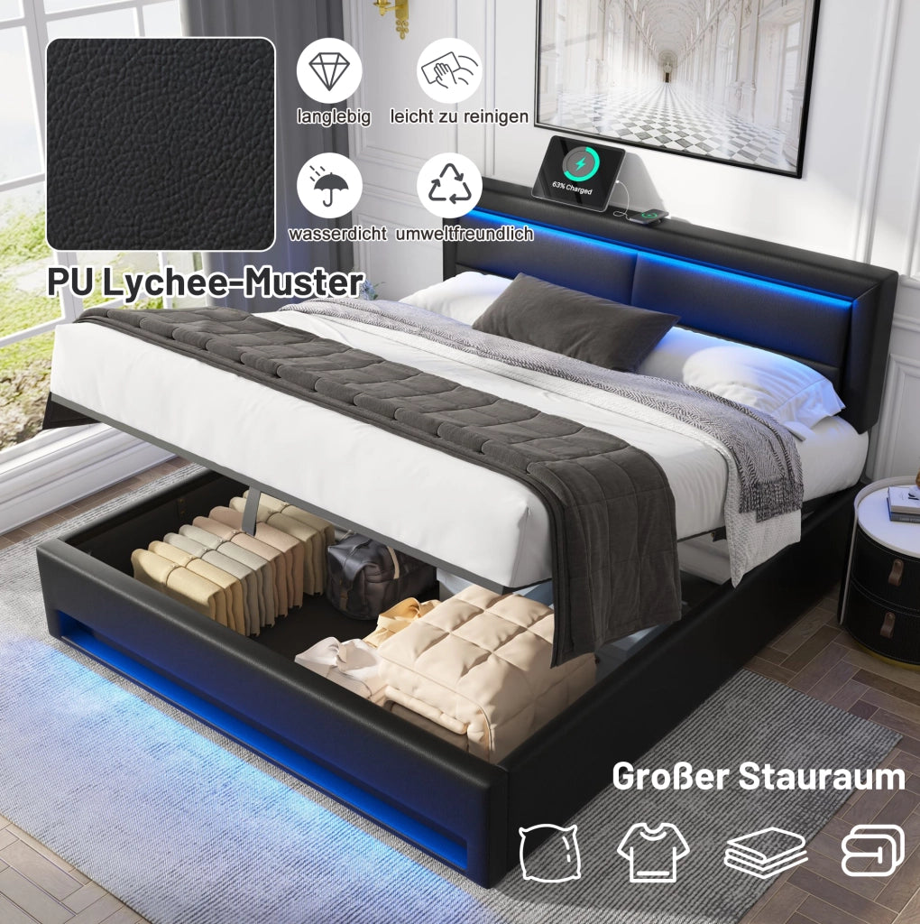 Letto imbottito 140x190 cm con LED, USB e ricarica wireless