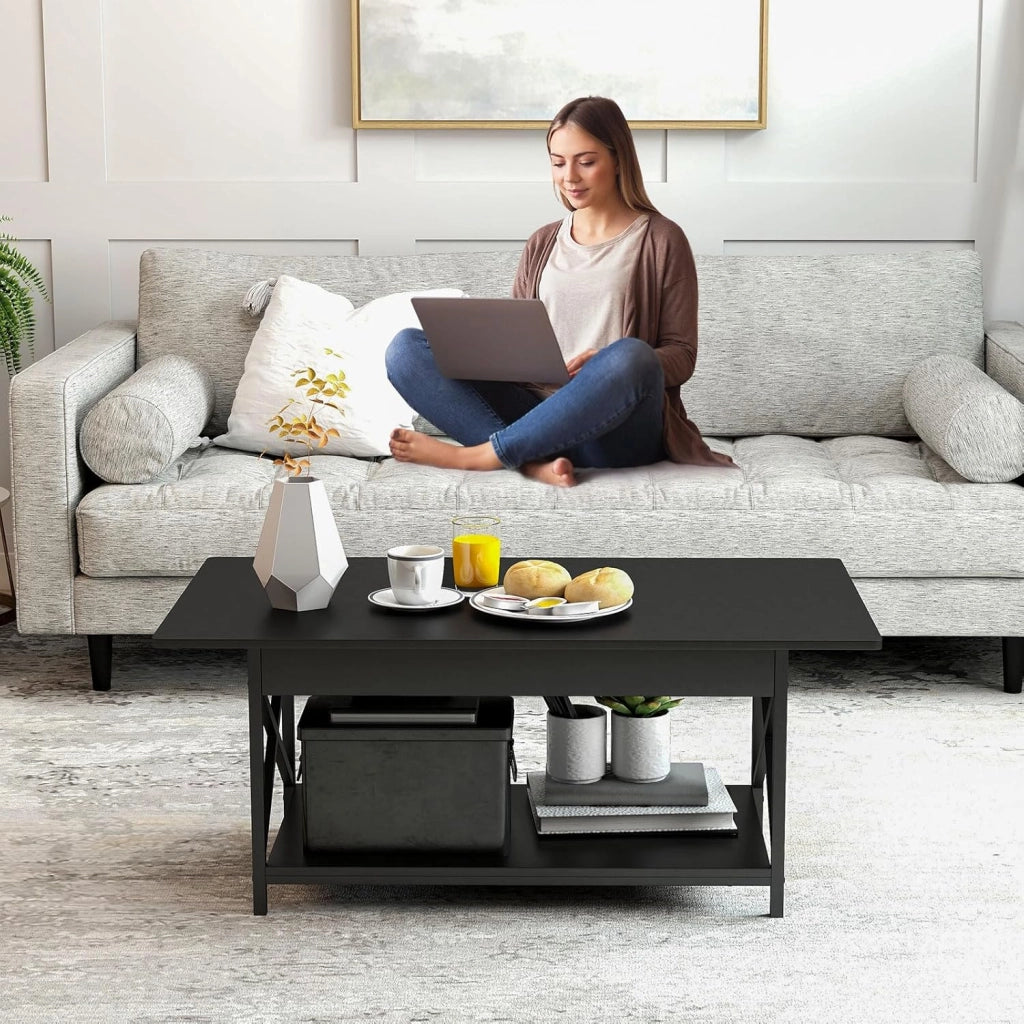 Tavolino a 2 Livelli a Forma di X, Tavolo da Caffè in Stile Industriale, Moderno per Soggiorno, Ufficio, Camera da Letto, Gambe Regolabili, 110x60x48cm, 2 Colori