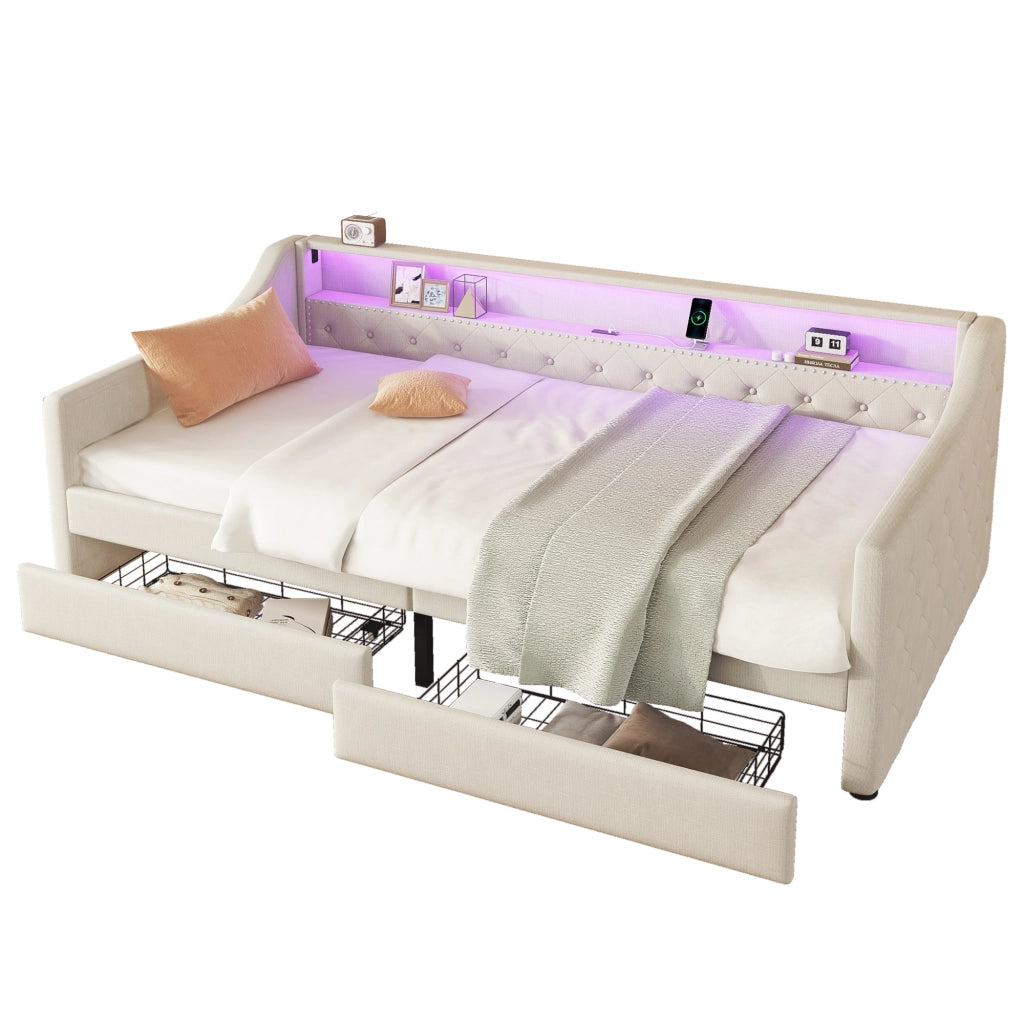 OKWISH Letto a Divanetto 90×200 cm, Letto Singolo con LED Multicolore, 2 Cassetti, USB e Telecomando, senza Materasso, in Lino, Beige