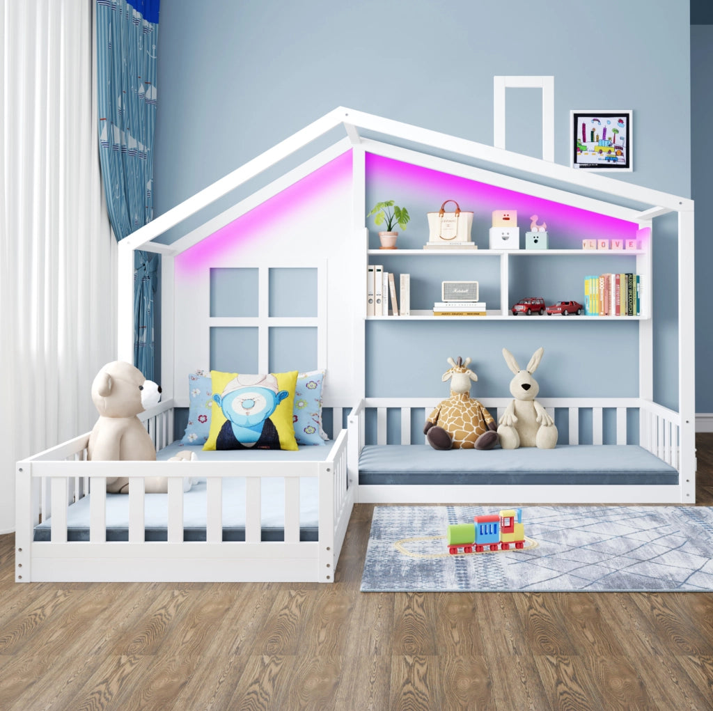 Letto a casetta 90x200 cm con LED, mensole e sponde di sicurezza