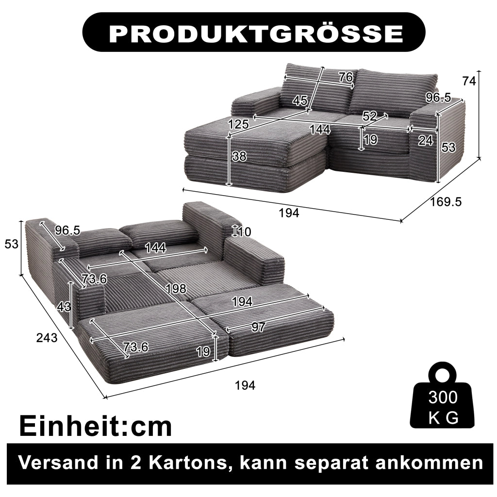 Divano letto modulare in corduroy con pouf removibile, braccioli quadrati e configurazione flessibile, grigio