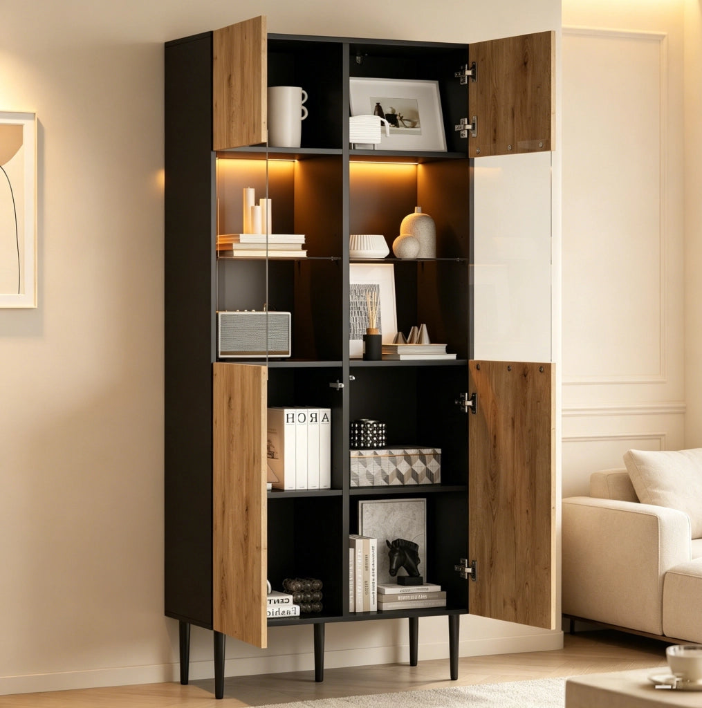Vetrina moderna 80 x 35 x 180 cm con LED; 10 ripiani; ante in vetro temperato; nero e legno naturale