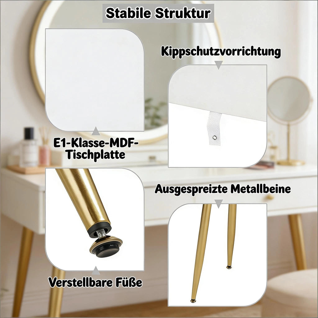 TAVOLO DA TOELETTA Set da 2 pezzi 100x40x122 cm Bianco/Oro con specchio LED