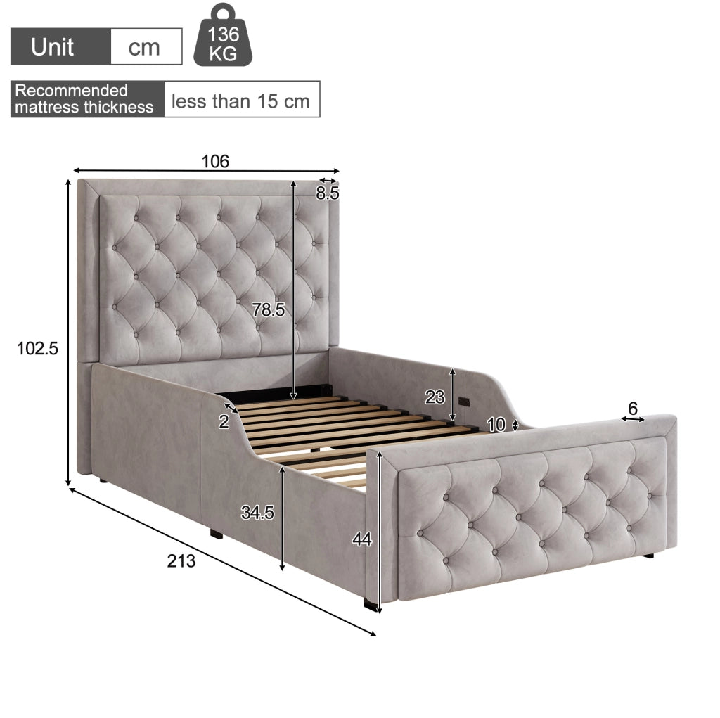 Letto imbottito 90x200 cm con contenitore idraulico; testiera capitonné in velluto grigio