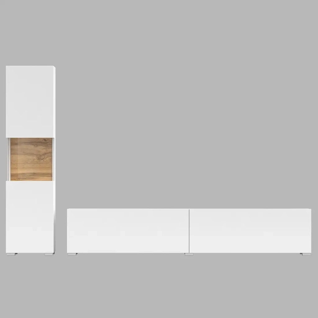 Vetrina e mobile TV collezione EVA. Colore bianco e rovere.