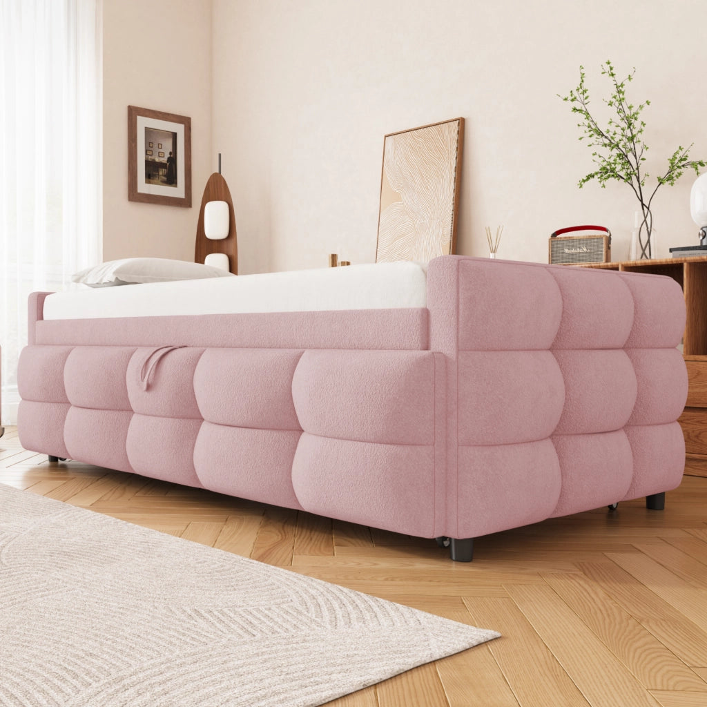 Letto imbottito estraibile combinato 90/180 x 190 cm, velluto Teddy, rosa, con rete a doghe