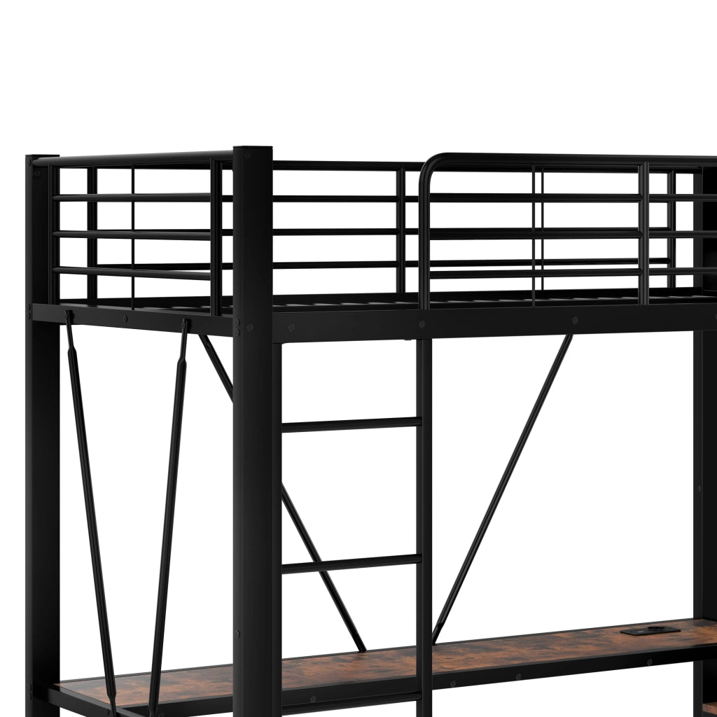 OKWISH Letto a Soppalco 90×200 cm, Letto Singolo con Scrivania, Barra Appendiabiti, Mensole, 4 Cassetti e LED, senza Materasso, Nero