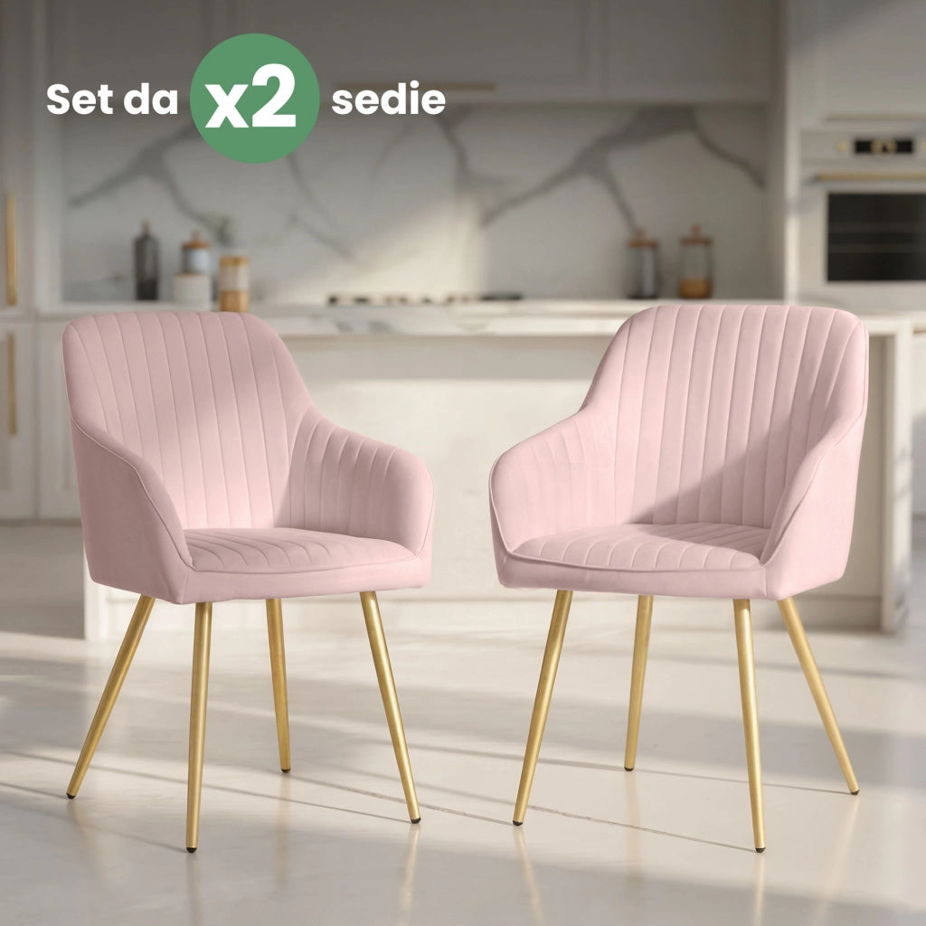 Set di 2 Sedie in velluto con cuciture verticali FLORENCE Rosa Cipria gambe oro
