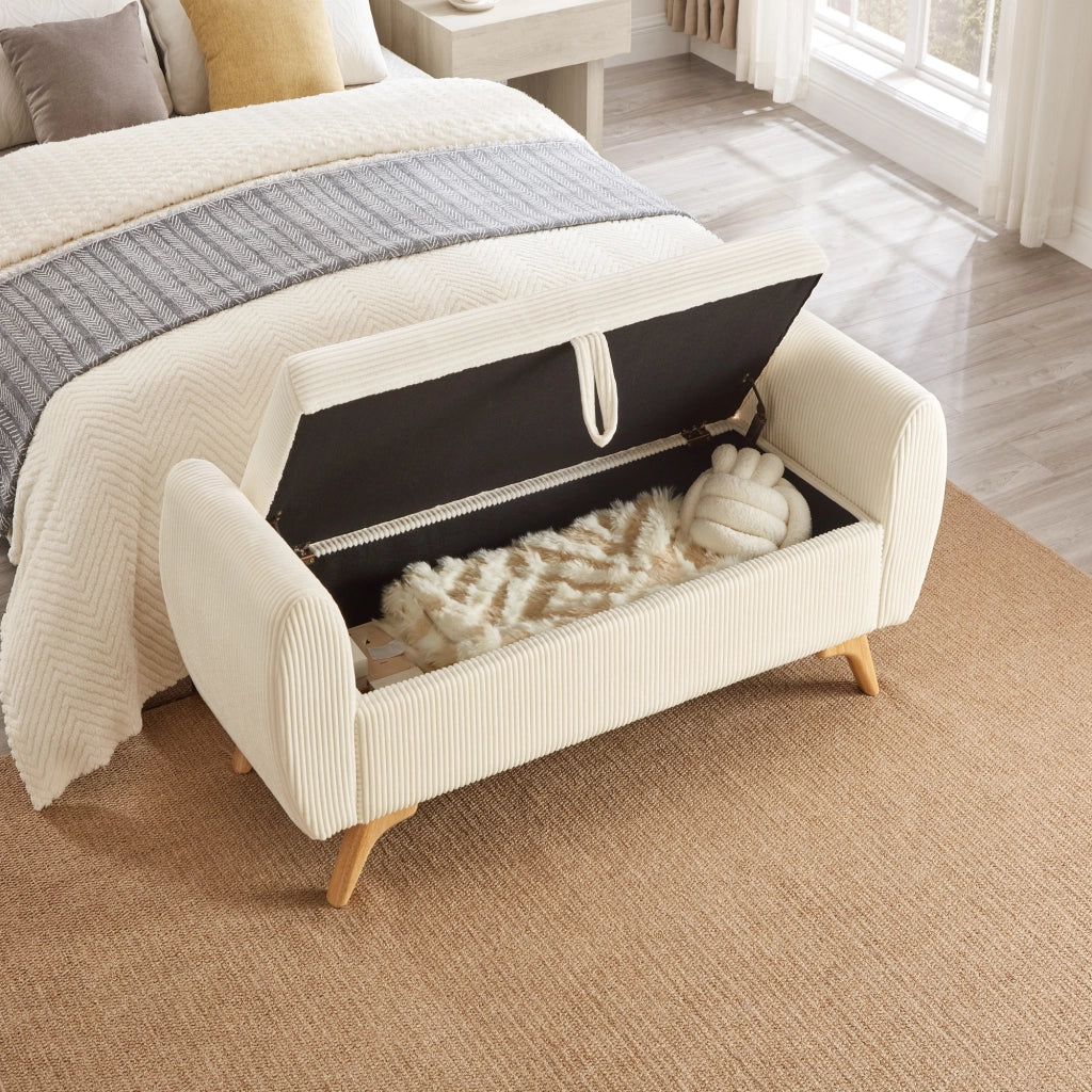 Panca contenitore pieghevole in velluto a coste con gambe in legno e vano interno, beige 145 × 51 × 57 cm