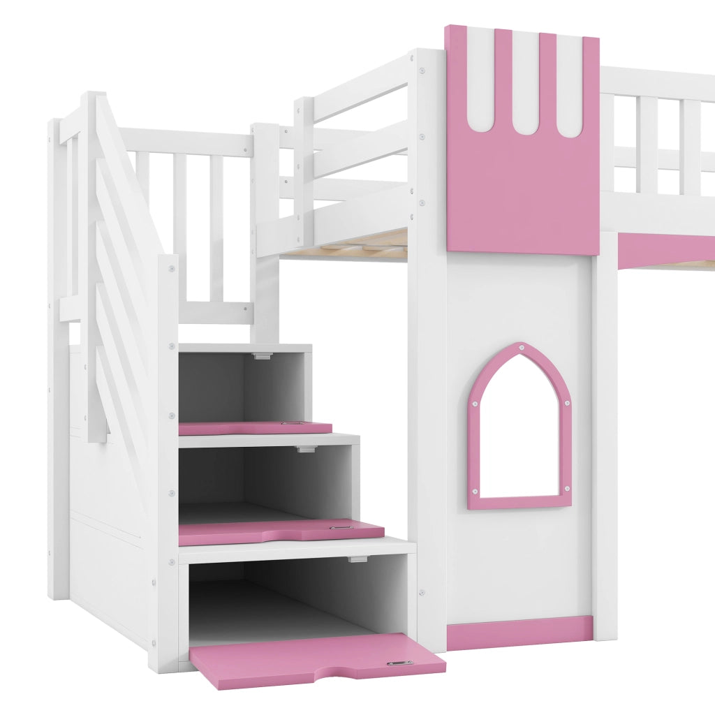 Letto a Soppalco 90x200 cm - Scala Contenitore; 2 Finestre e Parapetto - Bianco Rosa