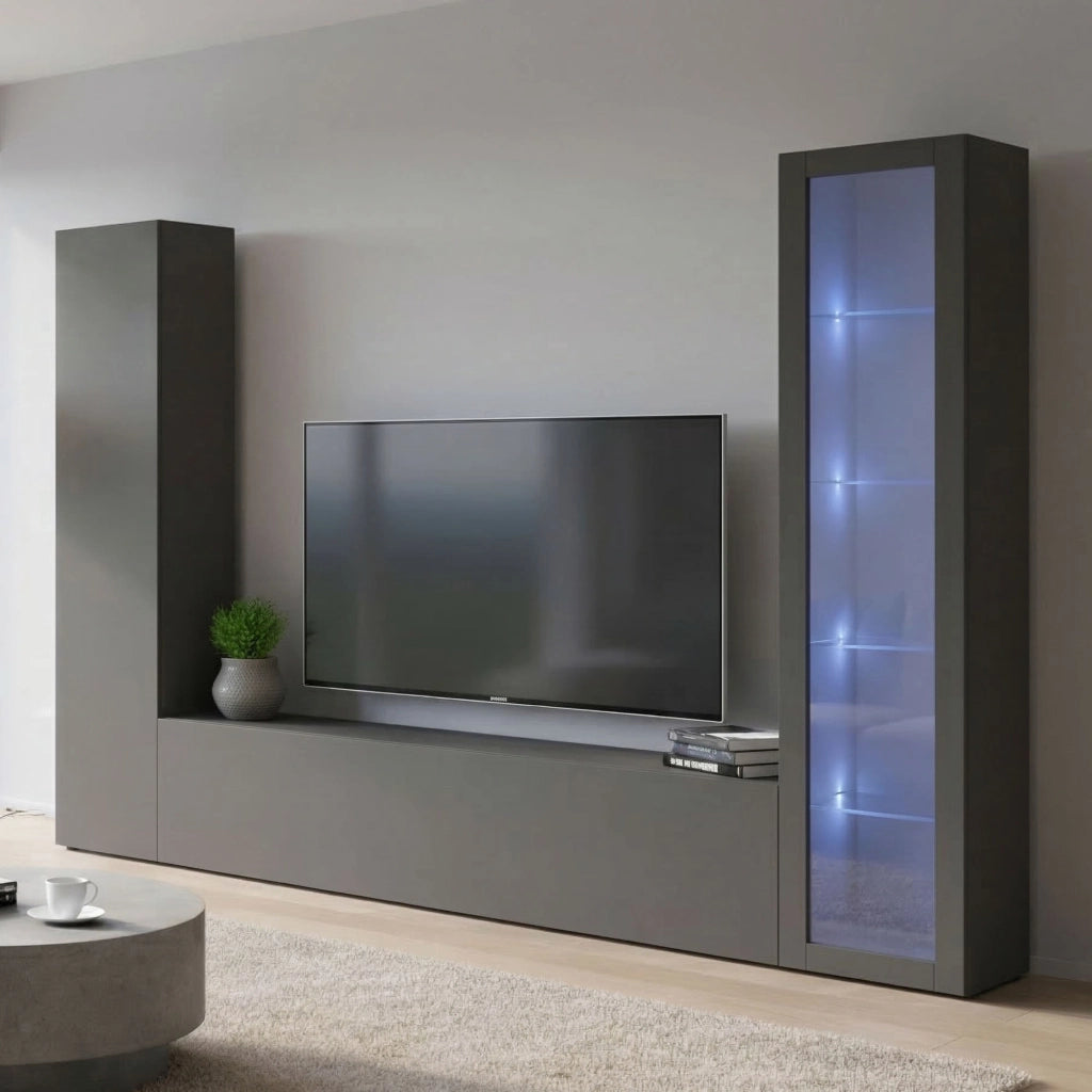 Mobile Soggiorno Felicina, Parete Attrezzata 9 Ripiani Made in Italy, 260x30x180h cm Nero Antracite