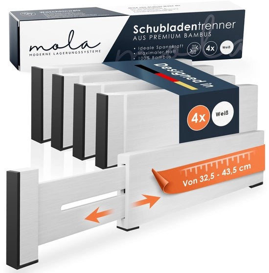 Divisori di carico Premium in legno bianco set di 4 piccoli (32,5-43,5 cm) con divisore di carico in bambù regolabile con 5 x supporti antiscivolo ottimale per posizione grazie a 5x supporti antiscivolo I divisori di carico in legno bianco Scheidingslade