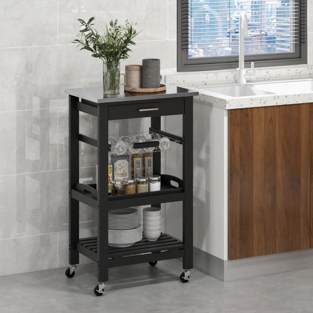 Carrello a 4 livelli con piano in acciaio inox cestino in rete e vassoio rimovibile, Carrello da cucina Isola da cucina Nero