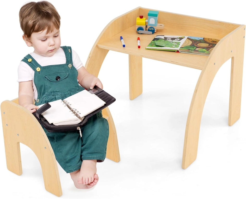 Set Tavolo e Sedie per Bambini 3+ Anni, Tavolino Legno con Sedie per Cameretta con Bordo Curvato e Ampio Piano, Mobile Salvaspazio per Camera da Letto, Soggiorno e Asilo (Naturale)