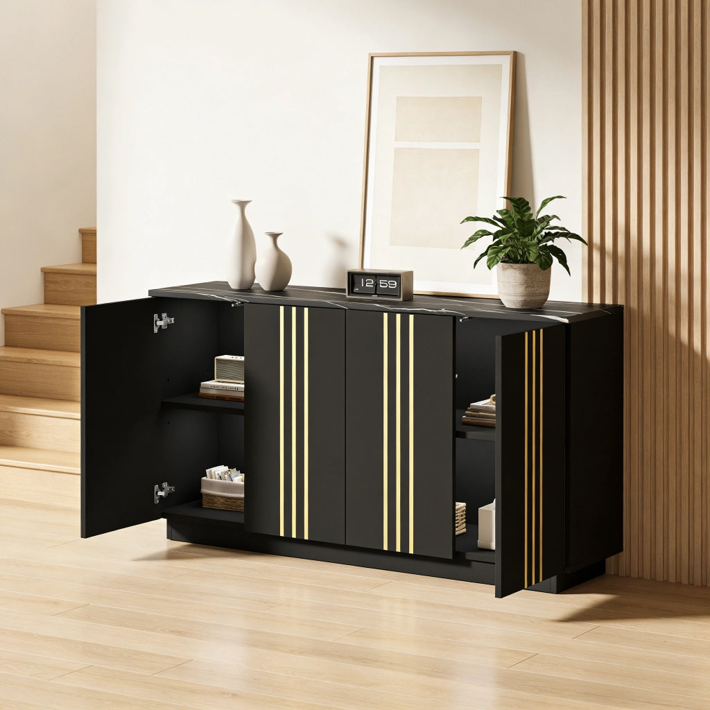 Credenza Nera e Oro Mobile Soggiorno 4 Ante Madia 140x35x70 cm