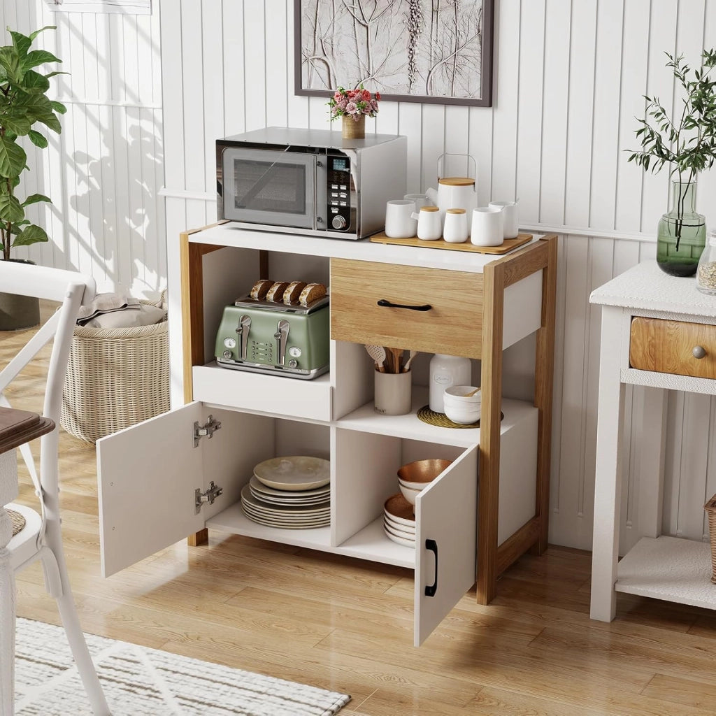 Credenza Cucina con Ripiano Regolabile, Armadio Dispensa con Cassetto, Ripiani Aperti e Armadio con 2 Ante, Mobile Buffet per Sala da Pranzo, Soggiorno, 82 x 40 x 81 cm, Bianco
