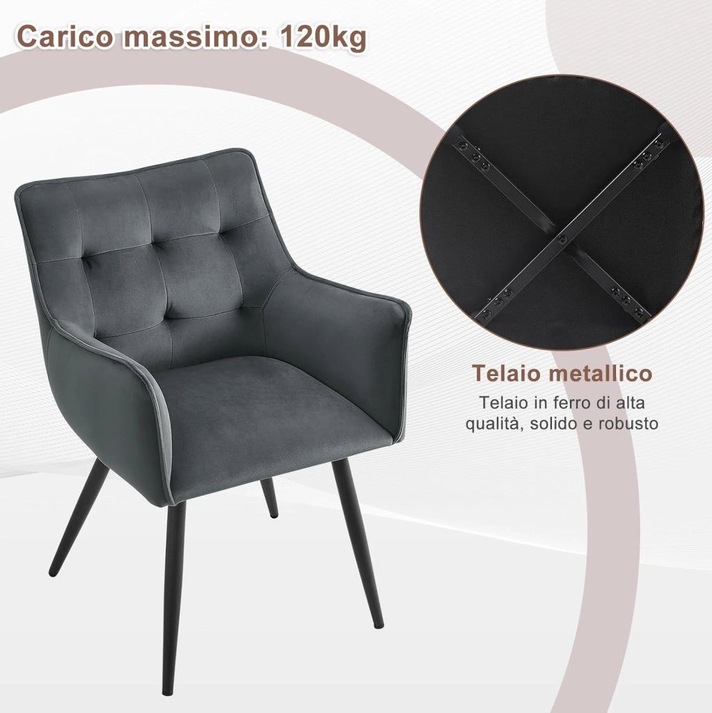 Set di 2 Sedie da Pranzo Moderne, Sedie da Cucina con Schienale e Braccioli, Poltroncine Imbottite con Gambe in Metallo, per Salotto, Ufficio e Cameretta, in Velluto, Crema, BH374cm-2