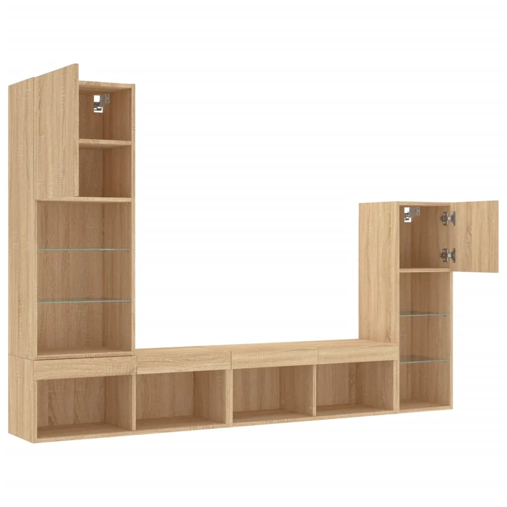 Mobile TV multimediale scaffale TV credenza mobile TV sala da pranzo soggiorno camera da letto con illuminazione a LED 4 pezzi legno ingegnerizzato rovere Sonoma marrone 02_0029363