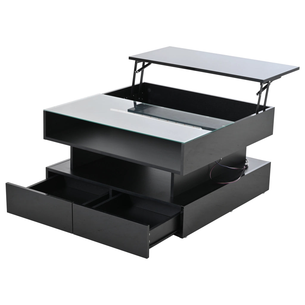 Tavolino da caffè con piano sollevabile; 2 cassetti e LED - per soggiorno - 80×80×45 cm - nero