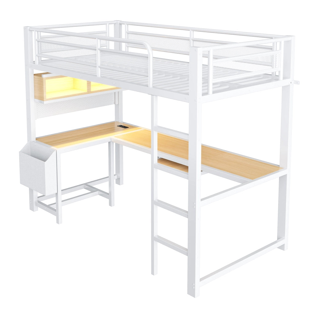 LETTO a soppalco con scrivania e LED 90x200 cm MDF e metallo Bianco