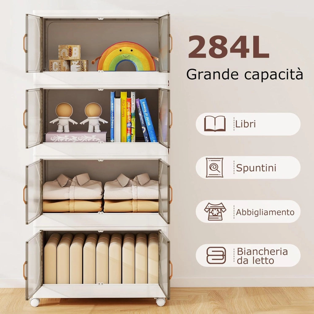 Contenitori da Stoccaggio Pieghevoli con Coperchio da 213/284 L, Scatole Impilabili a 3/4 Piani con Ruote, Organizzatore Pieghevole con Porte per Camera da Letto Soggiorno (65 x 39 x 142 cm)