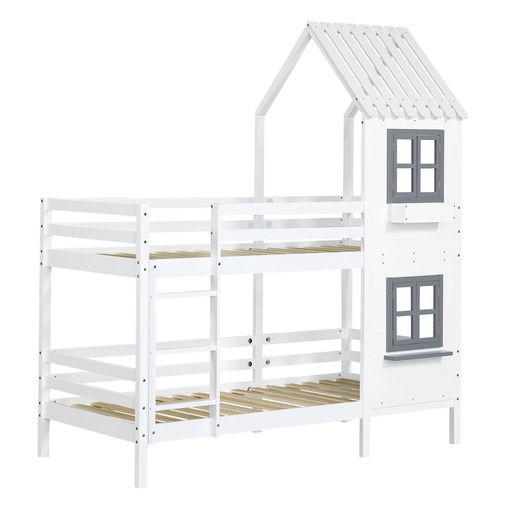 Letto a castello per bambini; 90x200cm; stile casa; con corrimano; finestra; protezione di sicurezza; bianco