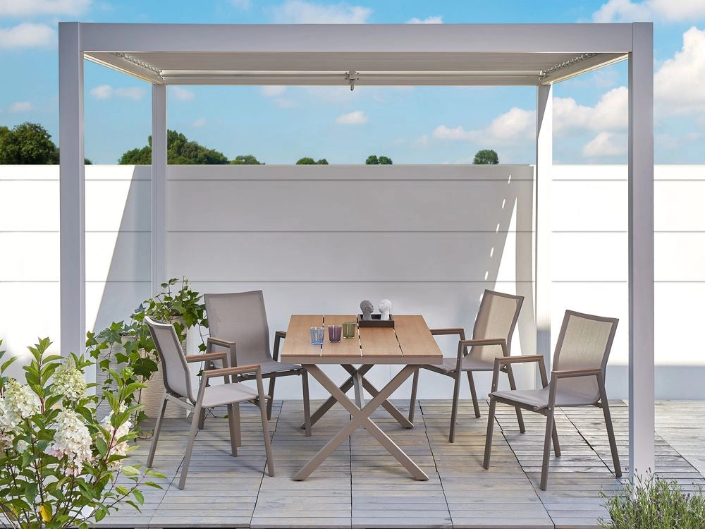 Set da pranzo da giardino a 4 posti Struttura in alluminio Taupe Piano in legno plastico 4 sedie e tavolo da pranzo