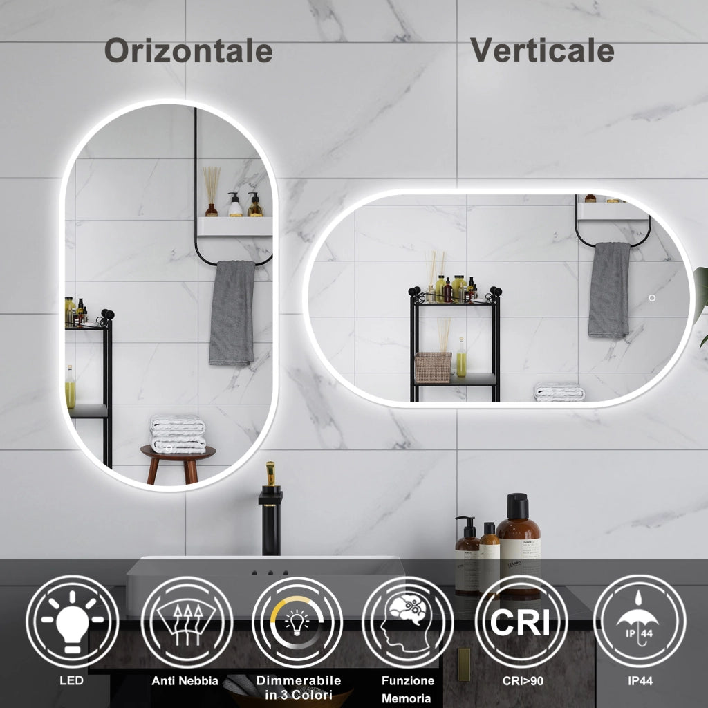 AICA Specchio da bagno 80 x 60 cm, dimmerabile，interruttore touch， Funzione Memoria, antiappannamento