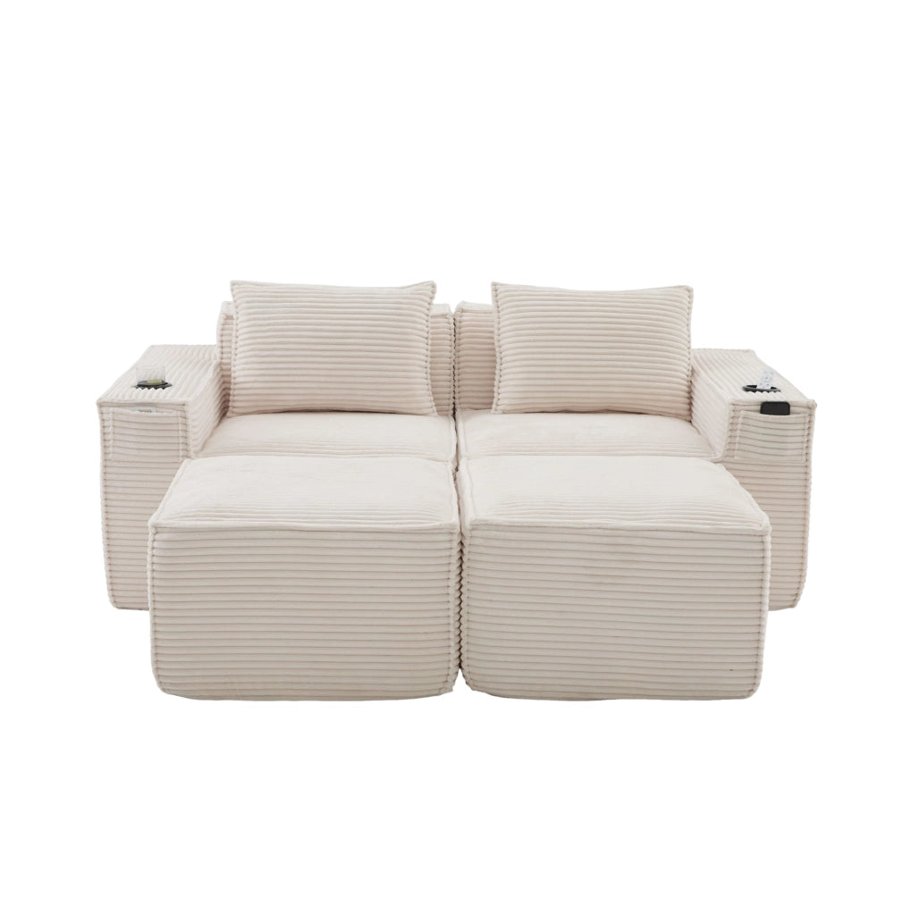 Divano modulare beige in velluto a coste con portabicchieri