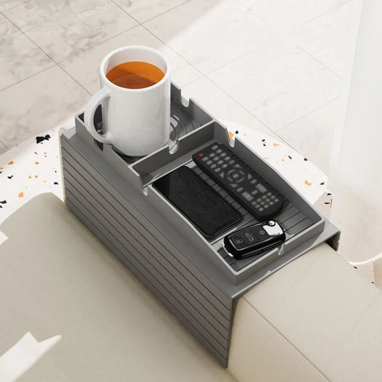 Organizzatore portatile con bracciolo antiscivolo in silicone, tavolino supplementare con telecomando e contenitori di stoccaggio, accessorio per organizzare il letto, camper, auto, salotto, esterno, spiaggia, picnic e momenti di snack - grigio