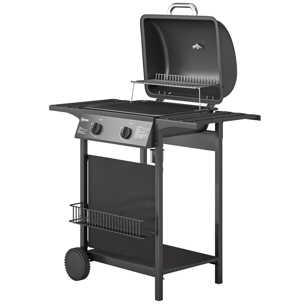 Barbecue Gas, 2 Bruciatori, Tavolini Laterali, Vassoio Raccogli Grassi, Nero.