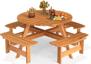 Tavolo da Picnic per 8 Persone con Foro per Ombrellone, Tavolo con Panche in Legno di Abete, Set da Giardino Esterno per Bar, Agriturismo, Sagra, Patio, Balcone, φ179 x 70 cm (Giallo)