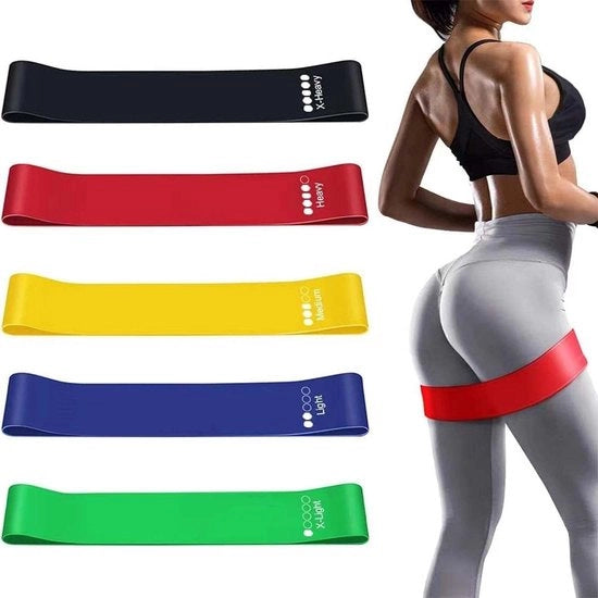 Cinturini di allenamento - 5 pezzi elastici con guida di allenamento in lattice naturale per allenamento di forza, Pilates, bodybuilding, yoga - inclusivo contenuto HTML.