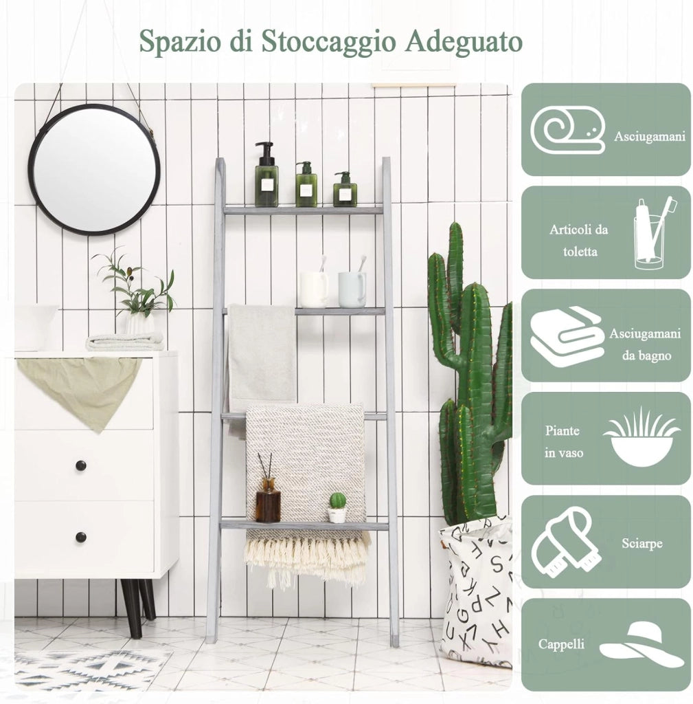 Scaffale di Stoccaggio in Legno di Pino, Porta Asciugamani a 4 Livelli per Bagno, Porta Salviette, Multiuso per Bagno Soggiorno (Grigio, 51 x 8 x 137 cm)
