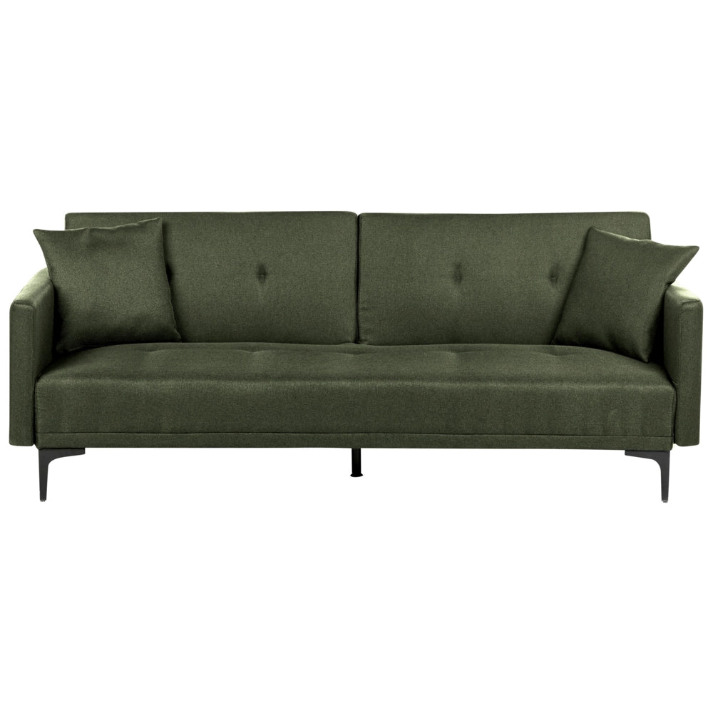 Divano letto moderno in tessuto verde scuro a 3 posti con schienale con bottoni gambe nero design moderno scandinavo