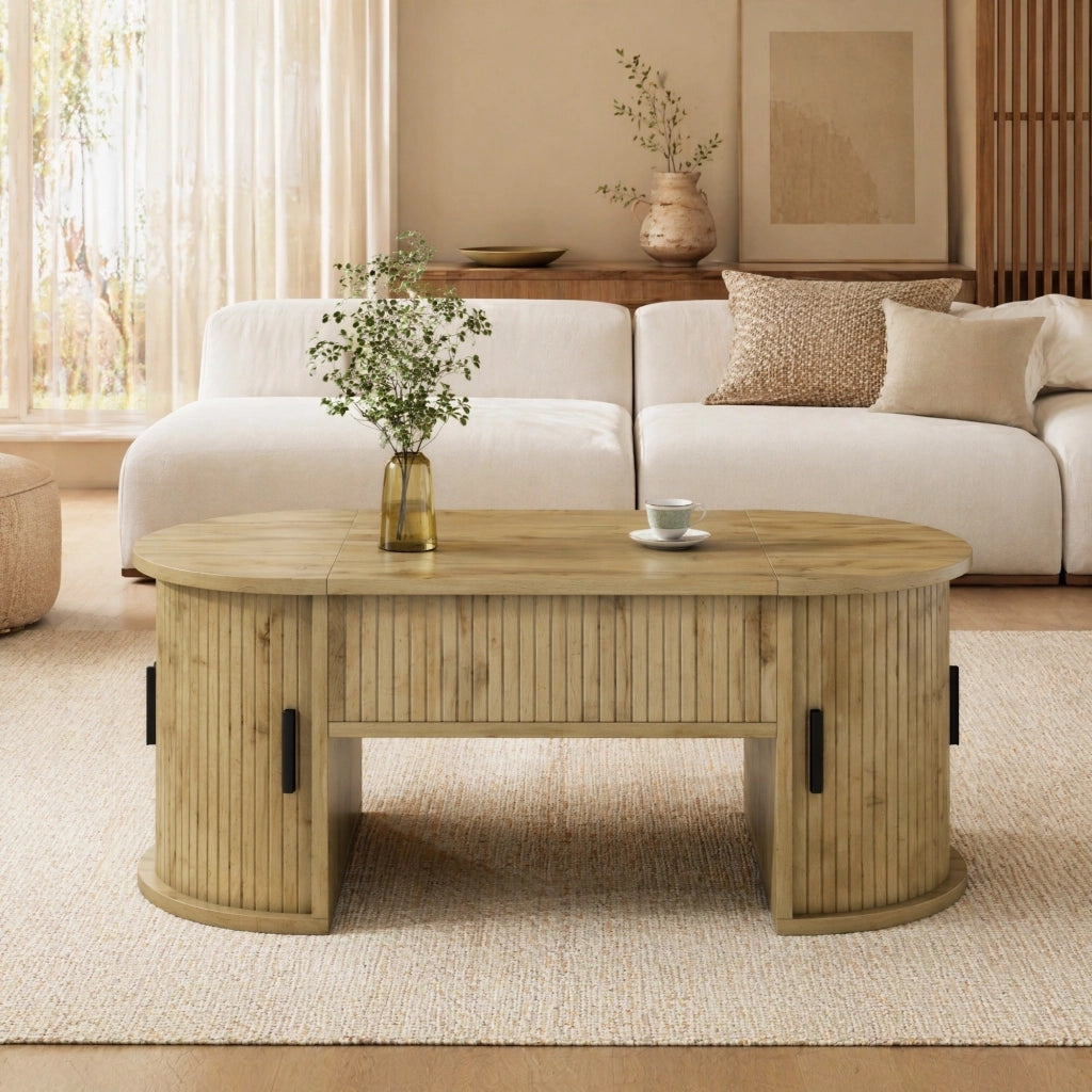 TAVOLO BASSO Regolabile in altezza 100x50x40,5 cm MDF Rovere con ripiani e ante scorrevoli