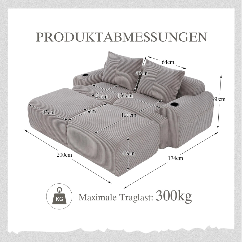 Divano modulare componibile 2 posti con portabicchieri e tasca laterale in corduroy grigio chiaro 200 × 174 × 80 cm