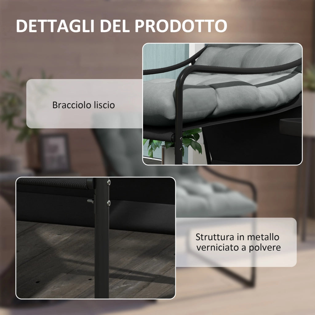 Poltrona da Giardino con Cuscino Imbottito ¨C Zephmum ¨C Grigia e Nera, Acciaio e Poliestere, 62x110x88 cm