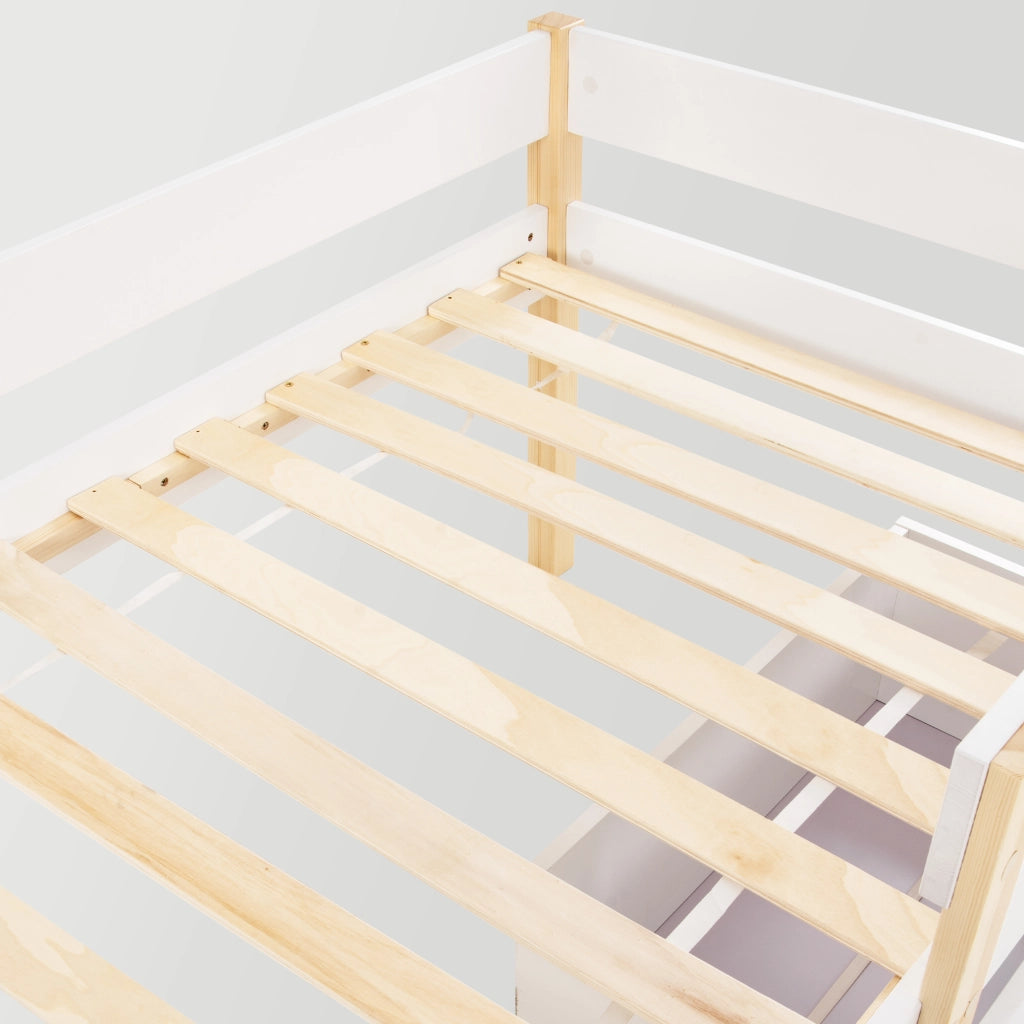 Letto a Soppalco 1 Posto con 2 Cassetti e Barriera 90×200 cm; senza Materasso; in Legno Massello; Bianco