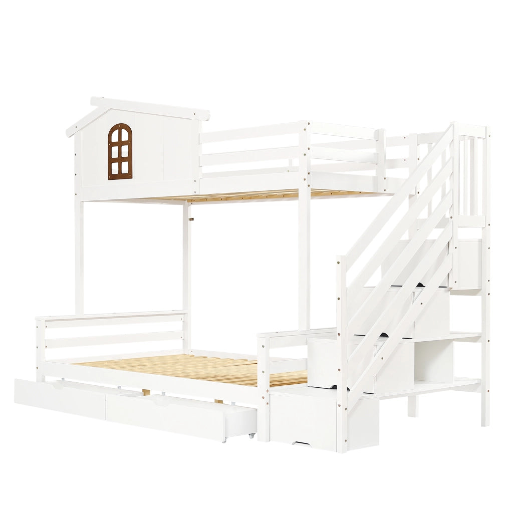 OKWISH Letto a Castello 90×200 cm e 120×200 cm, Letto 3 Posti con 2 Cassetti, Finestre e Scala ad Angolo, senza Materasso, Bianco Naturale