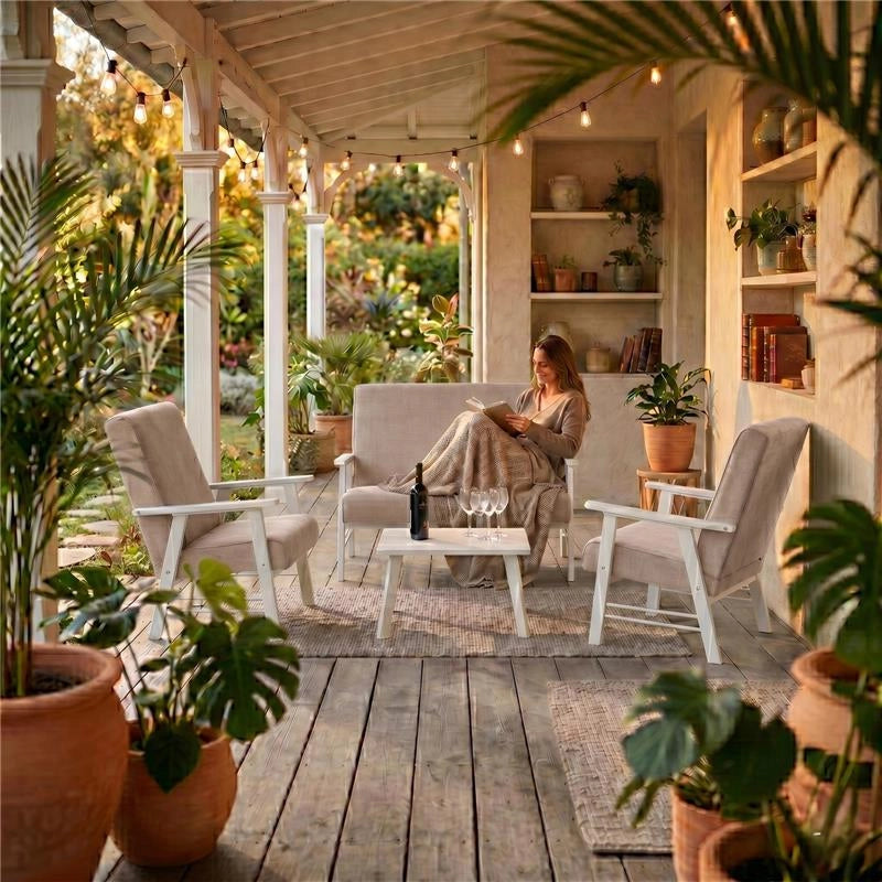 SET SALOTTO DA GIARDINO CON DIVANO, 2 POLTRONE + TAVOLINO IN LEGNO BIANCO E TESSUTO COLORE BEIGE