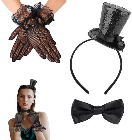 Set di alta copertura e cappello - Nero cappello mini con fioc e guanti a strass - Perfetto per feste e occasioni speciali