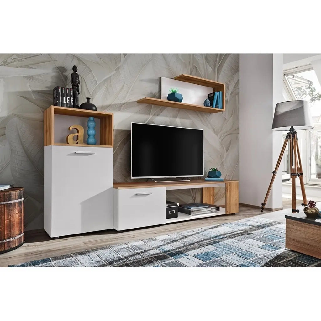 Set di 3 mobili design per il tuo soggiorno, collezione MOZES. Colori bianco e rovere.