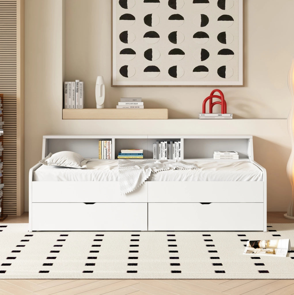 Letto singolo 90 x 200 cm bianco con 2 cassetti e vani portaoggetti